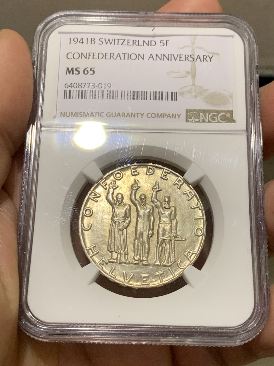 《竞宝斋》第149场-周日，周一，周四 3场 (全场包邮) NGC-MS65 瑞士1941年 联盟纪念 5法郎大银币 顶级品相