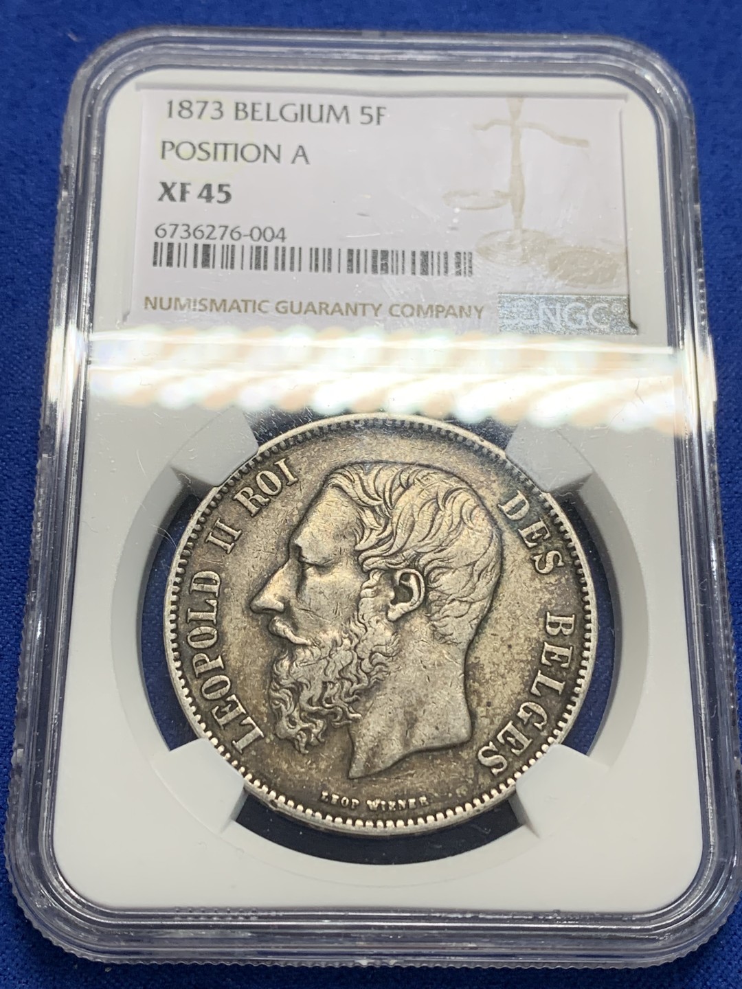 《竞宝斋》第149场-周日，周一，周四 3场 (全场包邮) NGC XF45 比利时 1873年 利奥波德二世 5法郎 银币 原味包浆
