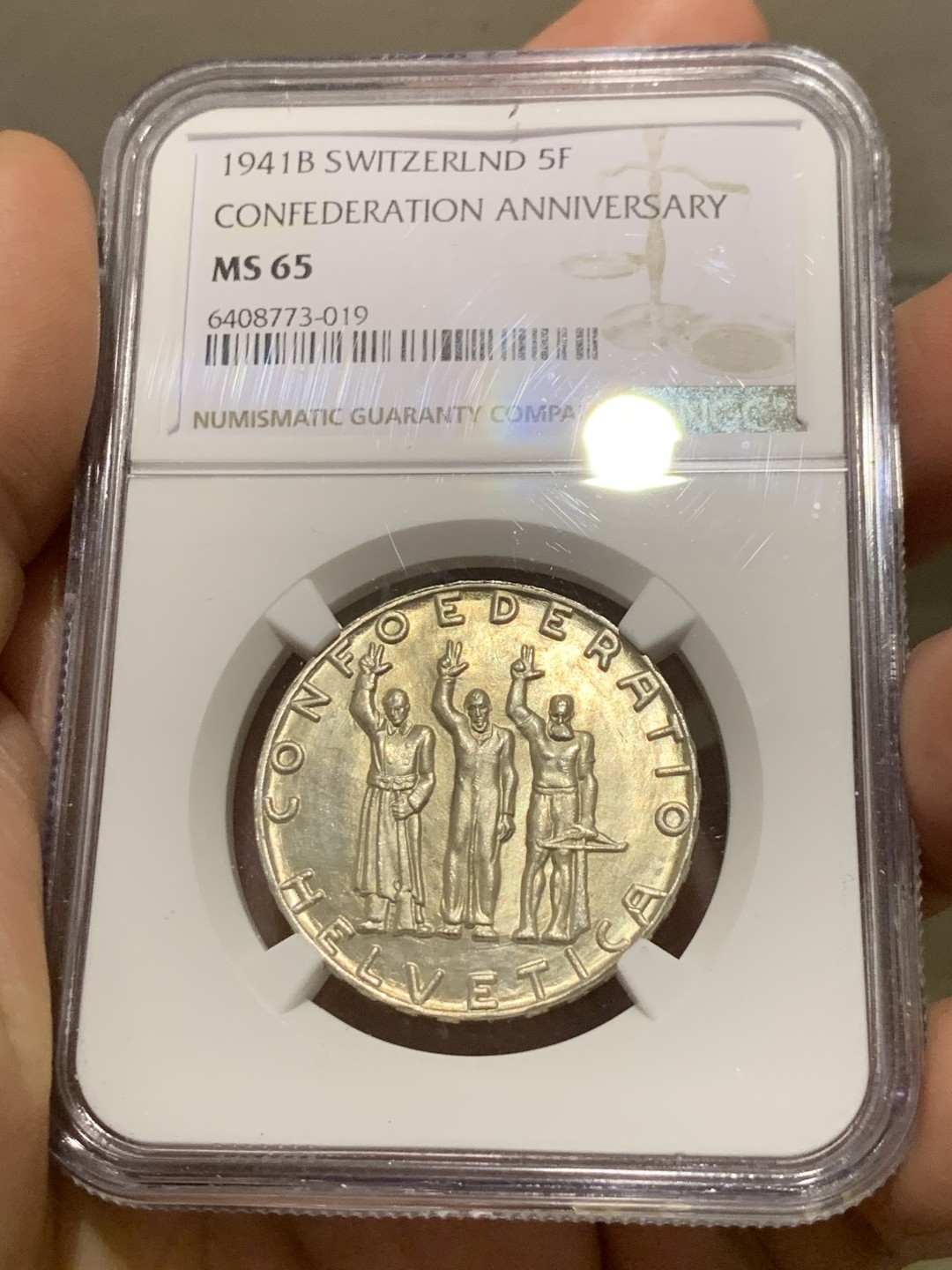 《竞宝斋》第149场-周日，周一，周四 3场 (全场包邮) NGC-MS65 瑞士1941年 联盟纪念 5法郎大银币 顶级品相