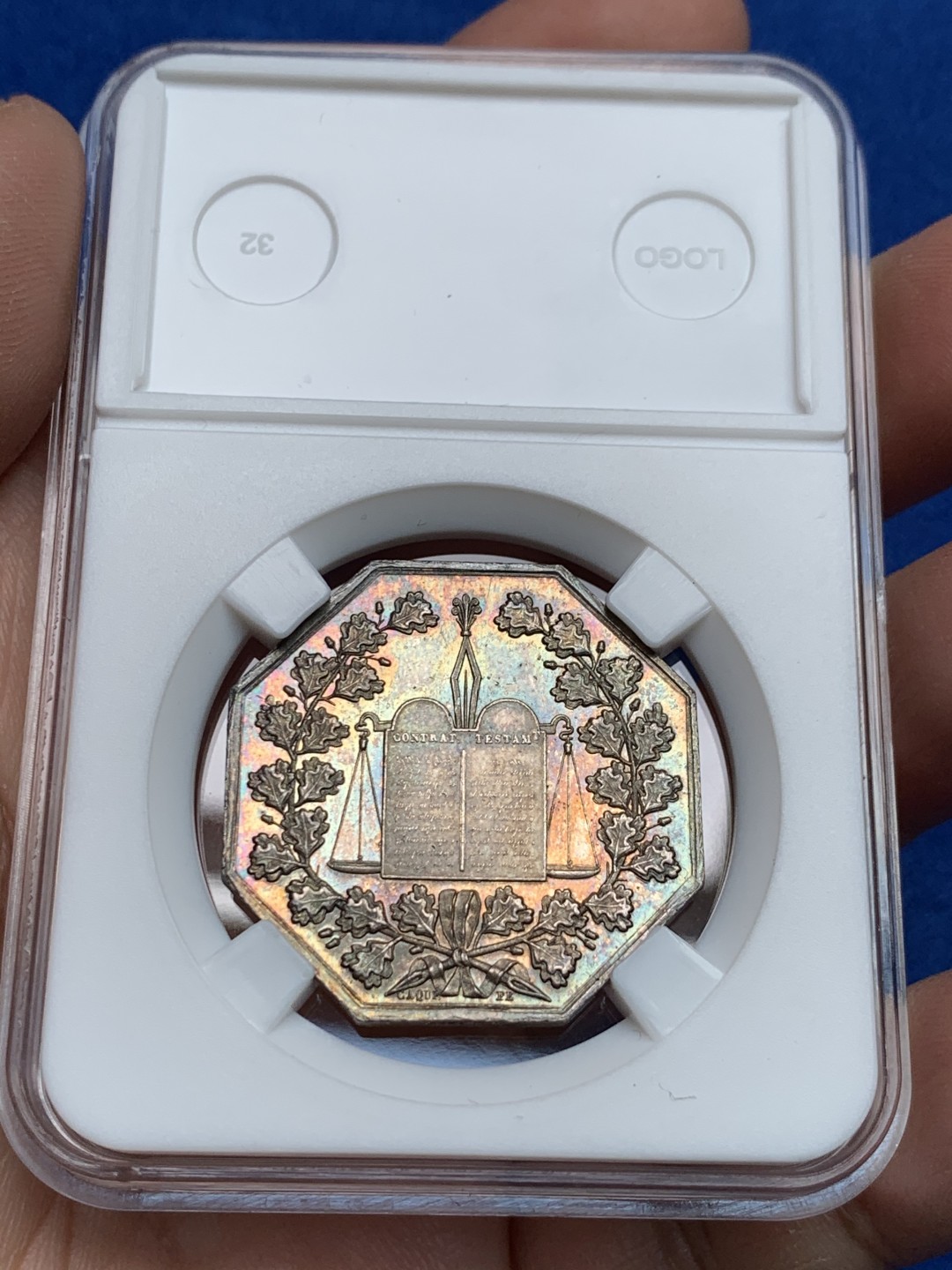 《竞宝斋》第149场-周日，周一，周四 3场 (全场包邮) 法国 1860-1879 八角银质代币 森利斯地区公证人，12.92g，31.5mm，蜜蜂边铭，原味五彩包浆