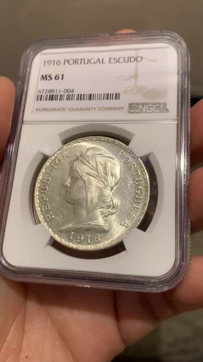 《竞宝斋》第149场-周日，周一，周四 3场 (全场包邮) NGC-MS61 葡萄牙1916年 1埃斯库多大银币 原光好品 少见品种