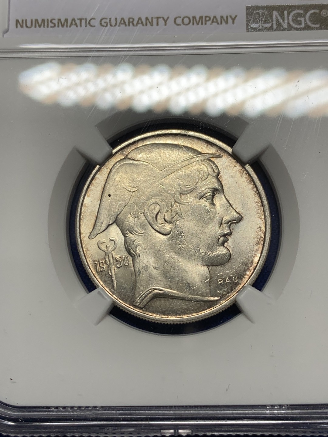 《竞宝斋》第149场-周日，周一，周四 3场 (全场包邮) NGC-MS63 比利时1950年 20法郎银币 原光好品 少见品种