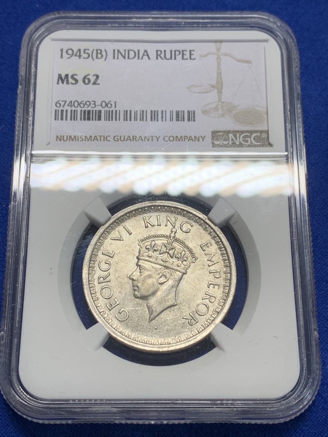 《竞宝斋》第149场-周日，周一，周四 3场 (全场包邮) NGC MS62 英属印度 1945年B版 乔治六世1卢比银币 原银光美品