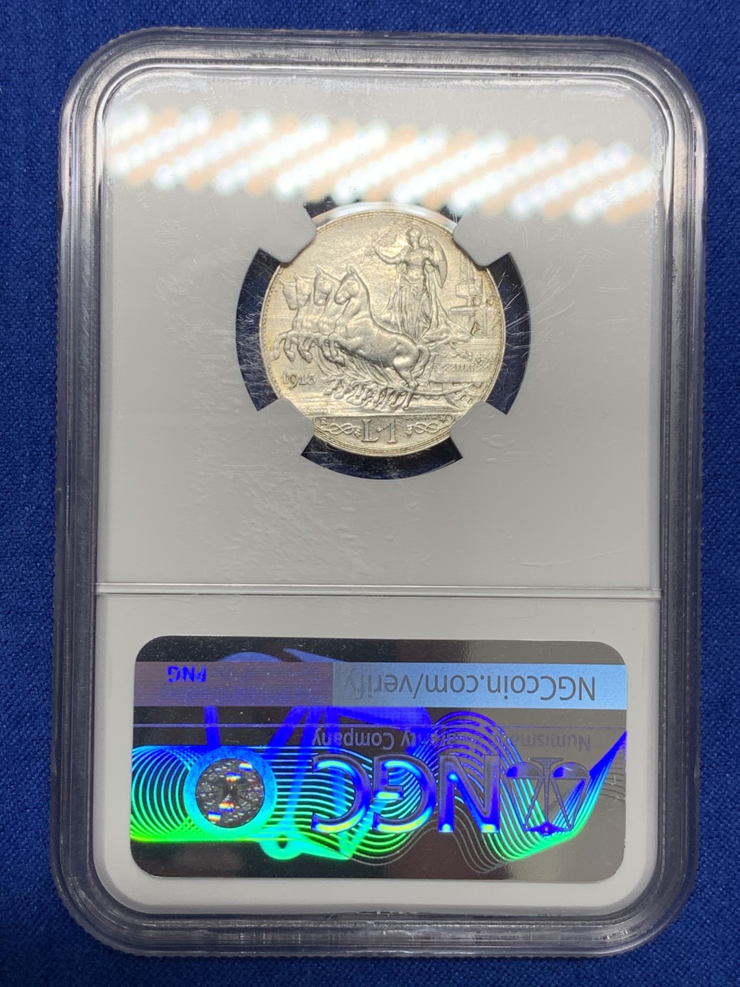 《竞宝斋》第149场-周日，周一，周四 3场 (全场包邮) NGC-AU55 意大利1913 圈版1里拉银币 少见版别，好品不易