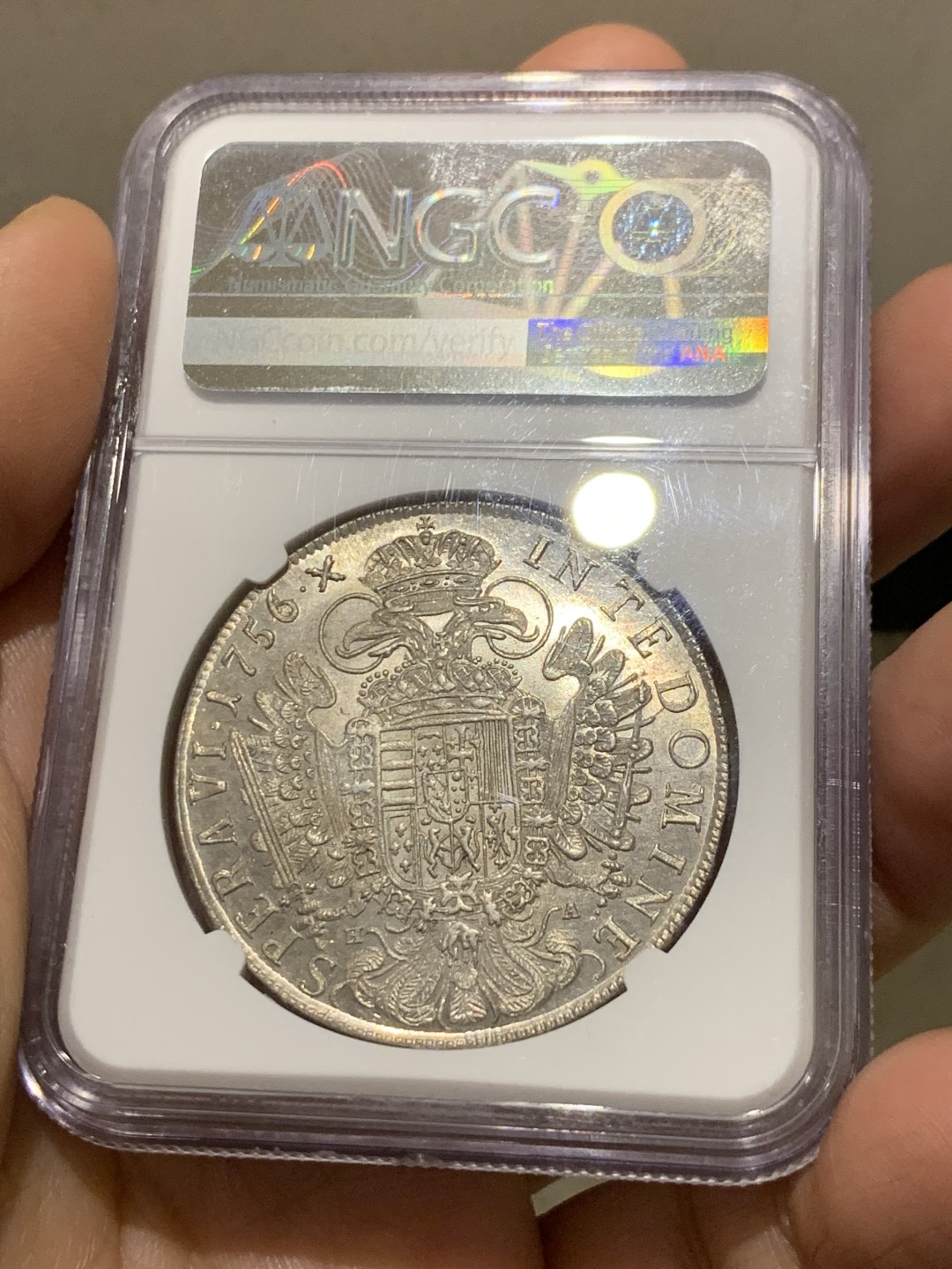 《竞宝斋》第149场-周日，周一，周四 3场 (全场包邮) NGC-MS63 1756/4年神圣罗马帝国弗朗茨一世泰勒 大奶妈的老公，这个皇帝头像的币非常少见，奥地利所有年份版别加起来只有12个MS，此枚是唯一评级记录