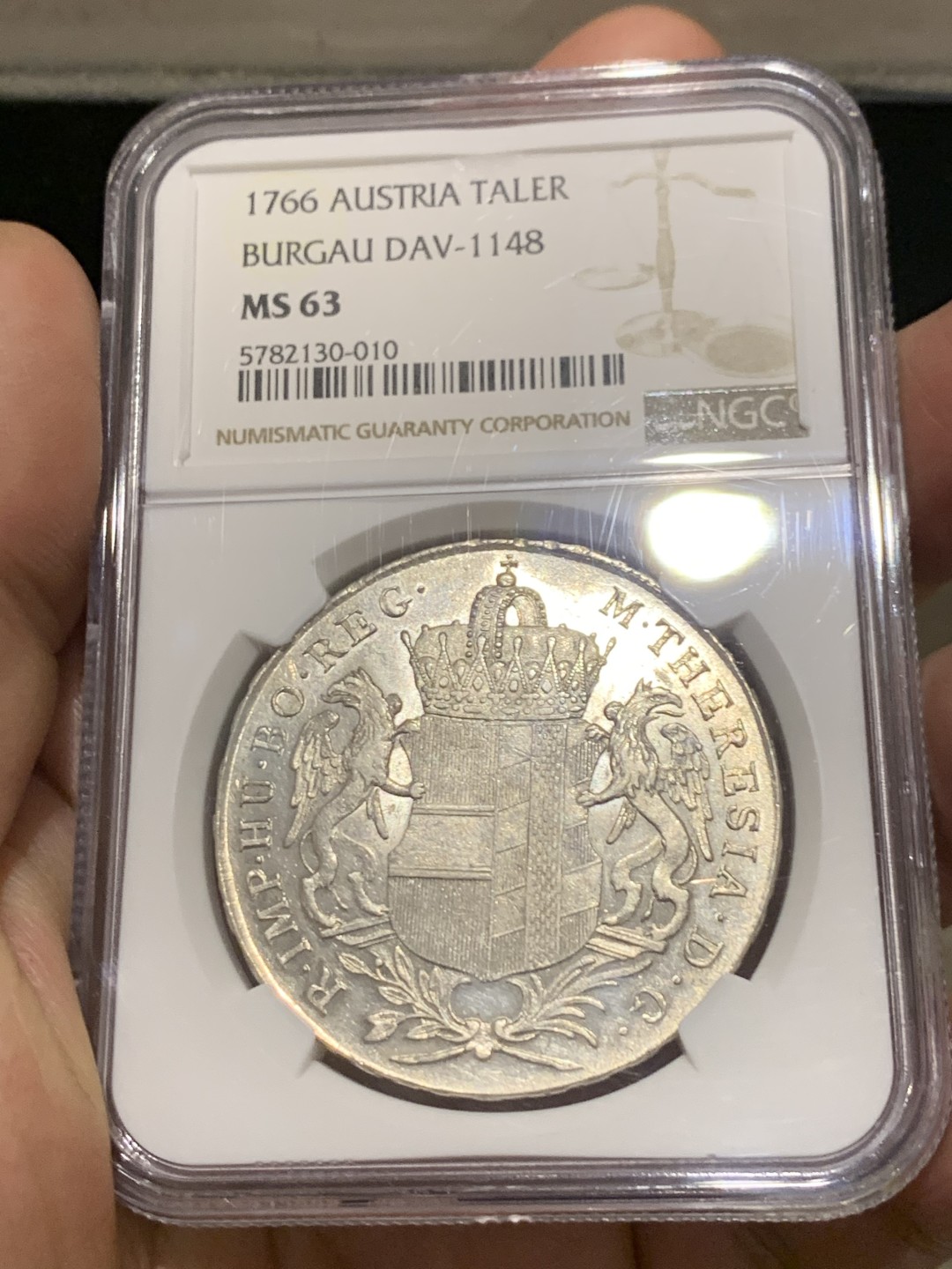 《竞宝斋》第149场-周日，周一，周四 3场 (全场包邮) NGC-MS63 奥地利 1766年 1泰勒 布尔高金茨堡铸币厂铸造，无头像版玛利亚特蕾莎贸易泰勒仅发行两个年份比带头像版少很多