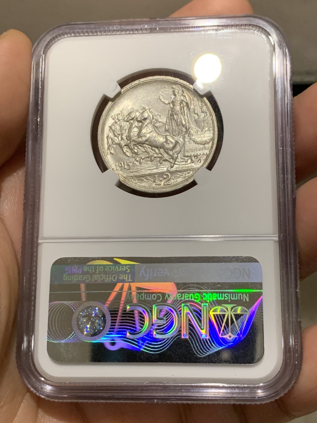 《竞宝斋》第149场-周日，周一，周四 3场 (全场包邮) NGC-MS62 意大利1915年2里拉马车银币 略有低评 可对比63状态