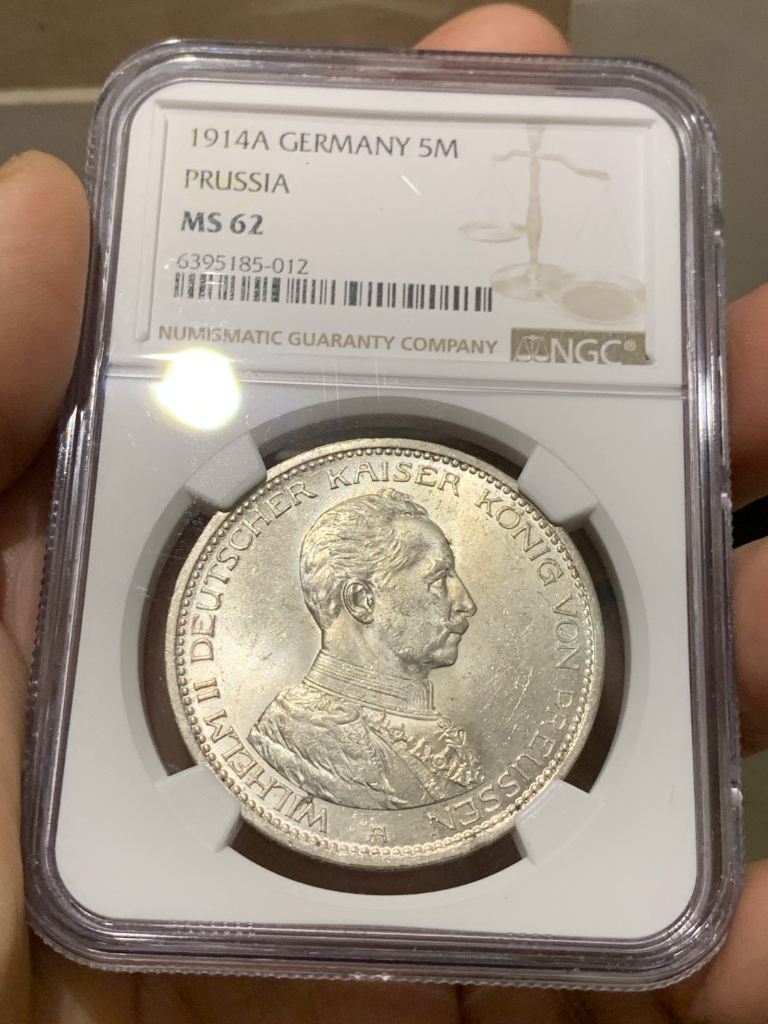 《竞宝斋》第149场-周日，周一，周四 3场 (全场包邮) NGC-MS62 德国 1914年 5马克 银币 普鲁士 威廉二世军装版银币 原光好品 温润舒服