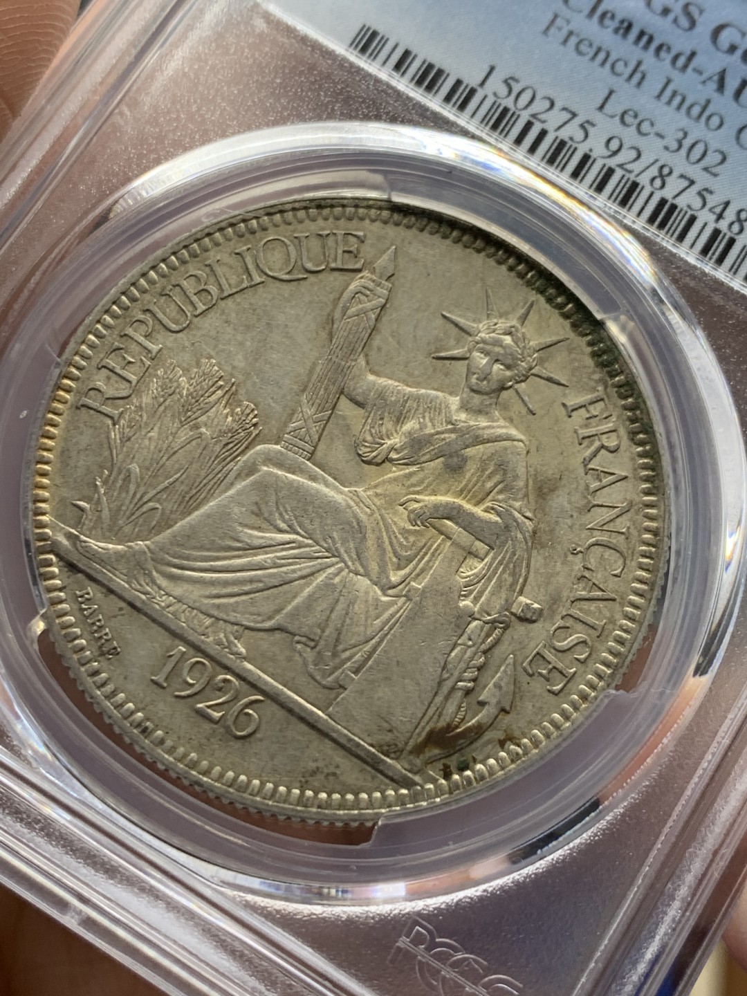 《竞宝斋》第149场-周日，周一，周四 3场 (全场包邮) PCGS AU 法属印支 1926年 坐人 1元银币 脸部清洗 地板好 低评了 也是不多见的年份