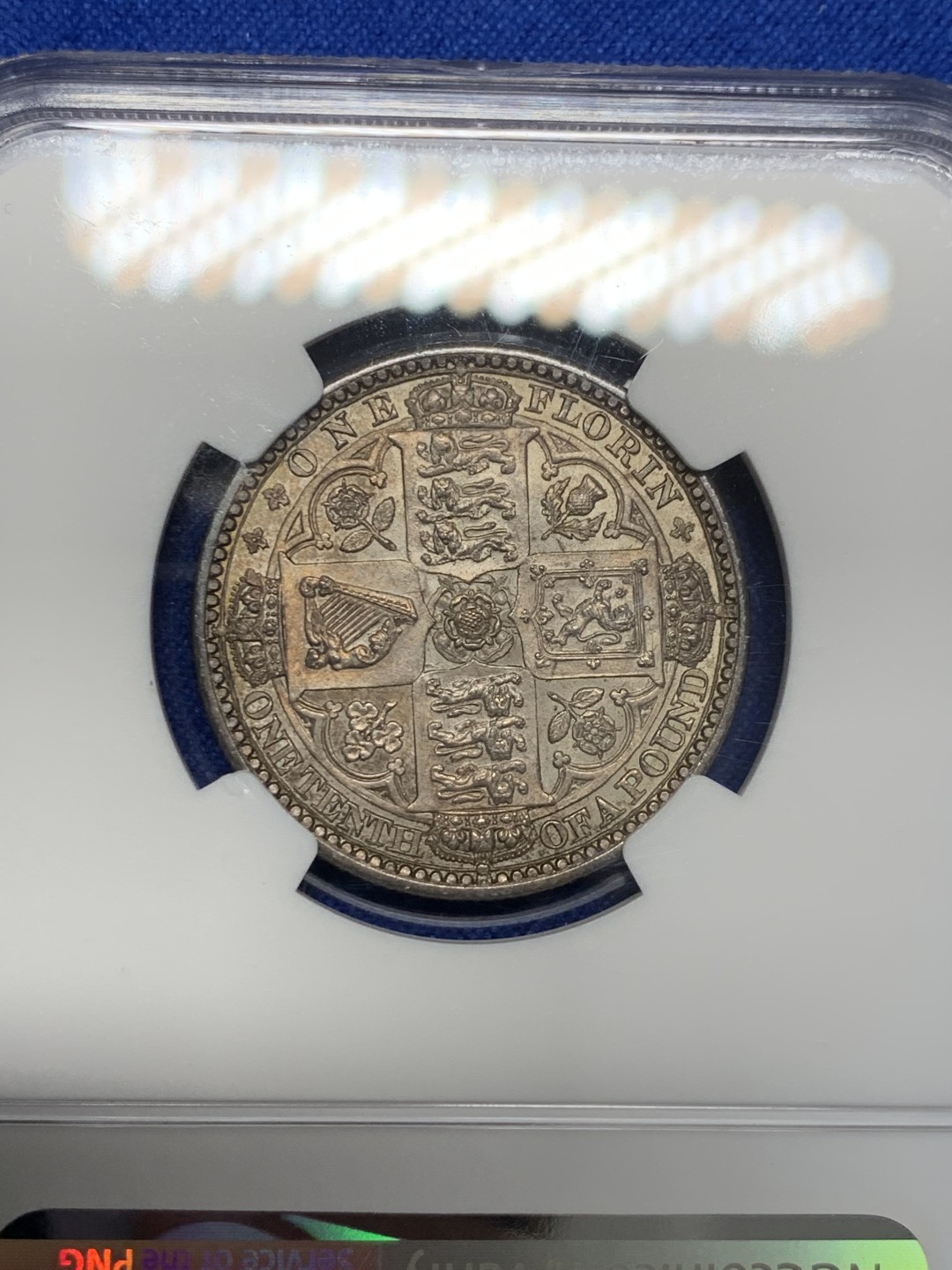 《竞宝斋》第149场-周日，周一，周四 3场 (全场包邮) NGC-MS65 英国1849年无神Florin银币，底光丝滑，背面盾徽内狮子脸部打制清晰