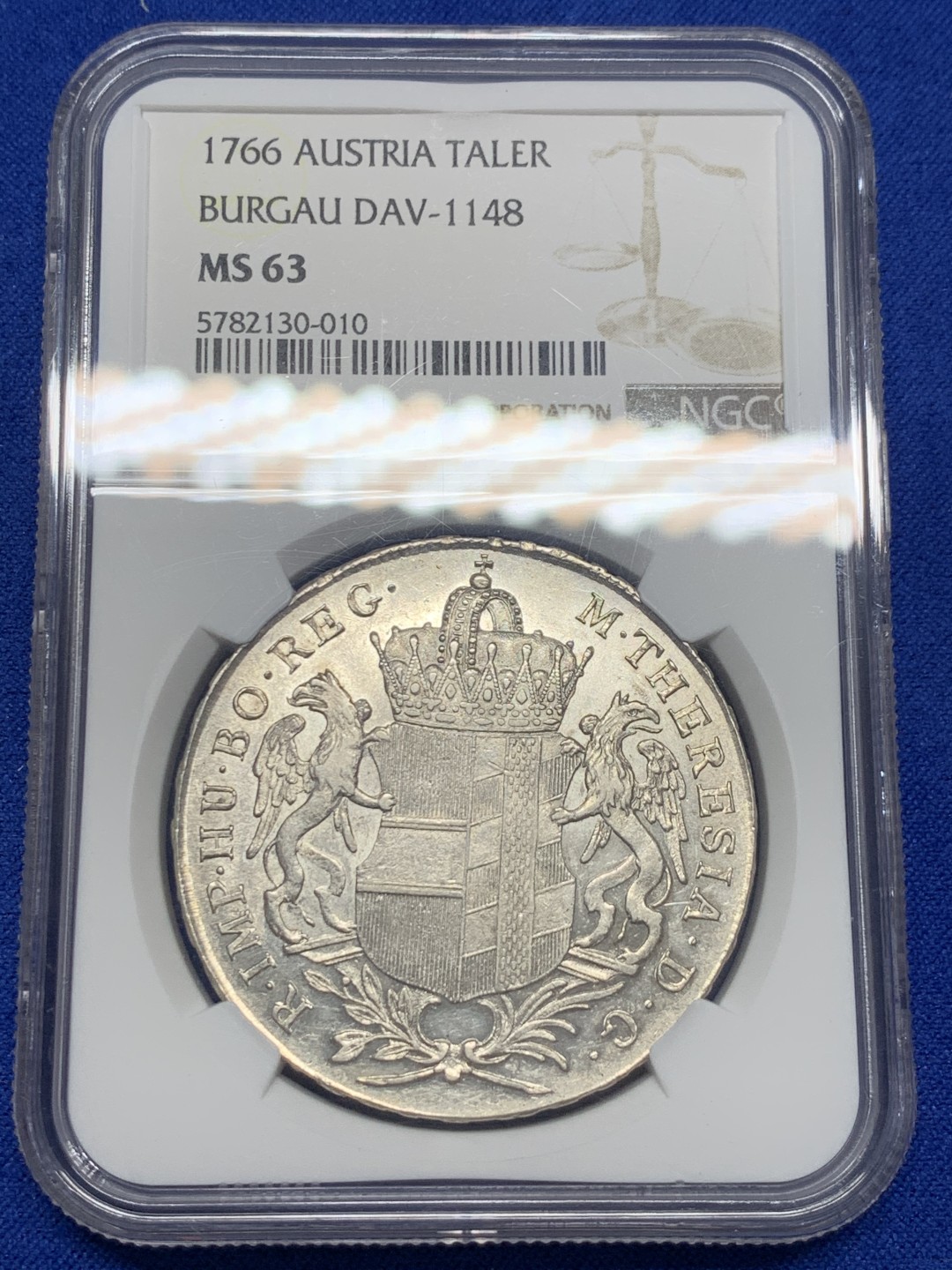 《竞宝斋》第149场-周日，周一，周四 3场 (全场包邮) NGC-MS63 奥地利 1766年 1泰勒 布尔高金茨堡铸币厂铸造，无头像版玛利亚特蕾莎贸易泰勒仅发行两个年份比带头像版少很多