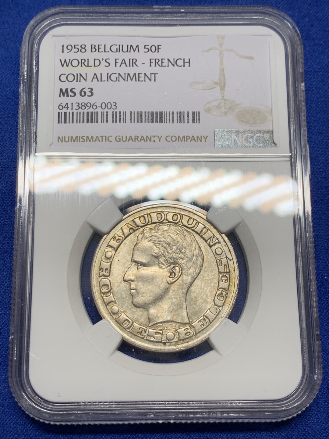 《竞宝斋》第149场-周日，周一，周四 3场 (全场包邮) NGC-MS63 比利时1958年 50法郎银币 顶级好品