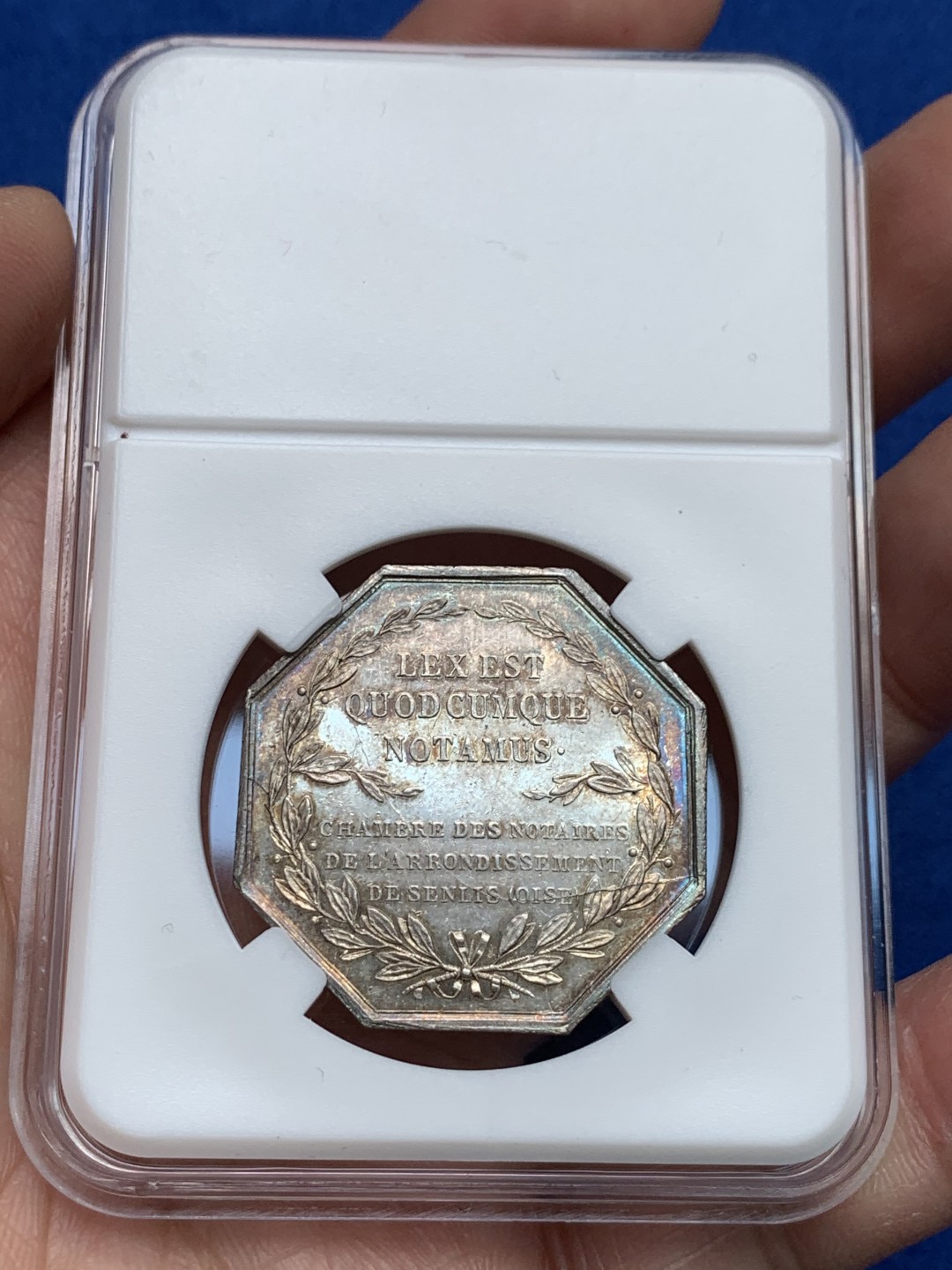 《竞宝斋》第149场-周日，周一，周四 3场 (全场包邮) 法国 1860-1879 八角银质代币 森利斯地区公证人，12.92g，31.5mm，蜜蜂边铭，原味五彩包浆