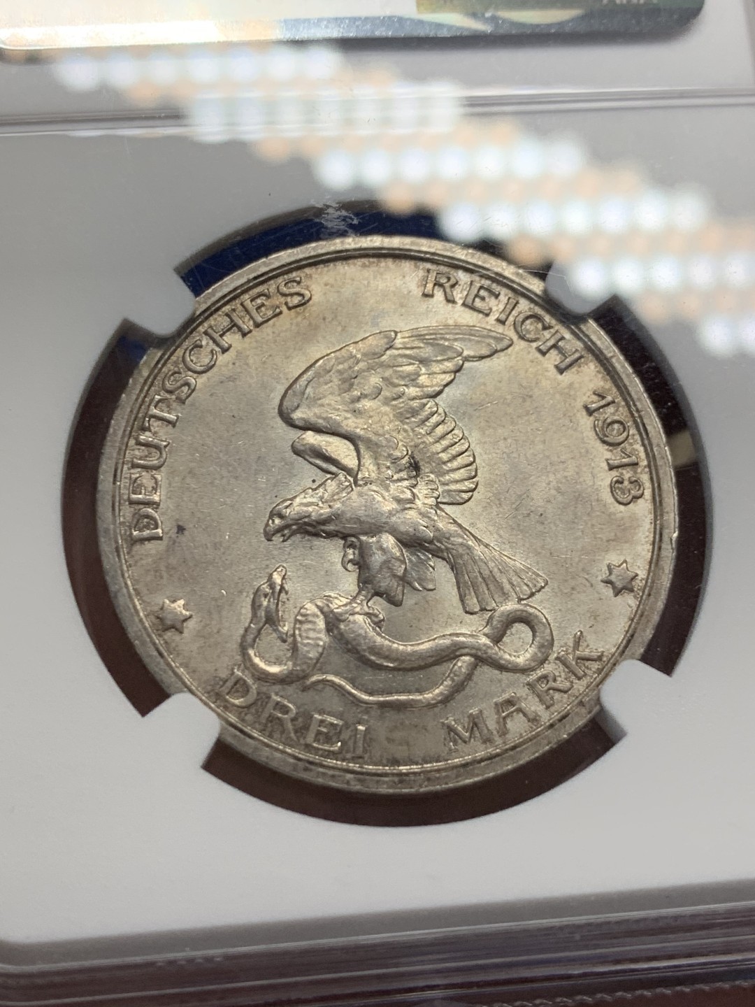 《竞宝斋》第149场-周日，周一，周四 3场 (全场包邮) NGC-MS63 德国1913年 普鲁士 普法胜利3马克银币 带淡包浆