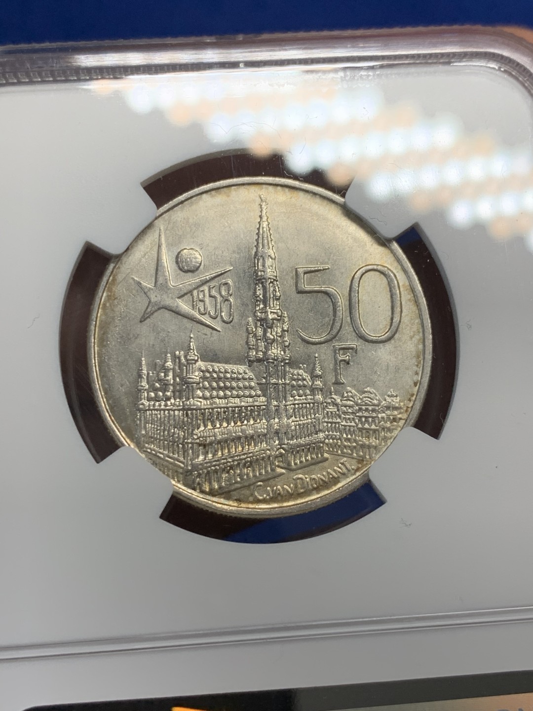 《竞宝斋》第149场-周日，周一，周四 3场 (全场包邮) NGC-MS63 比利时1958年 50法郎银币 顶级好品