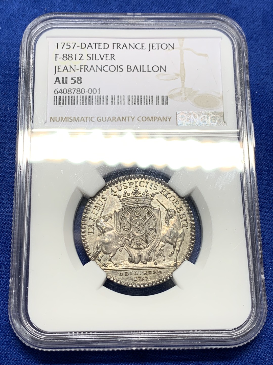 《竞宝斋》第149场-周日，周一，周四 3场 (全场包邮) NGC-AU58 法国1757年 天马盾徽 JETON 银质 非常罕见的版式