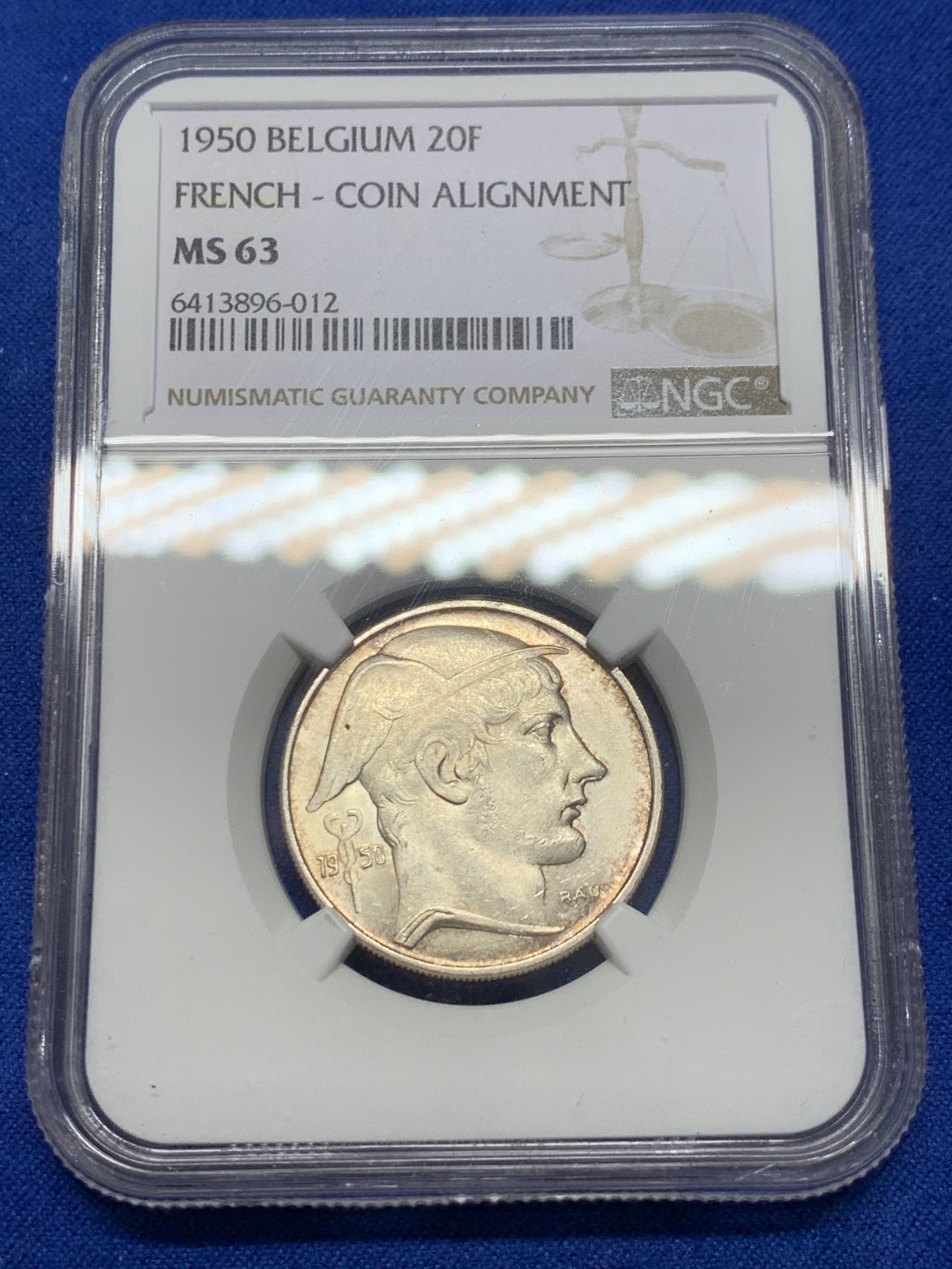 《竞宝斋》第149场-周日，周一，周四 3场 (全场包邮) NGC-MS63 比利时1950年 20法郎银币 原光好品 少见品种