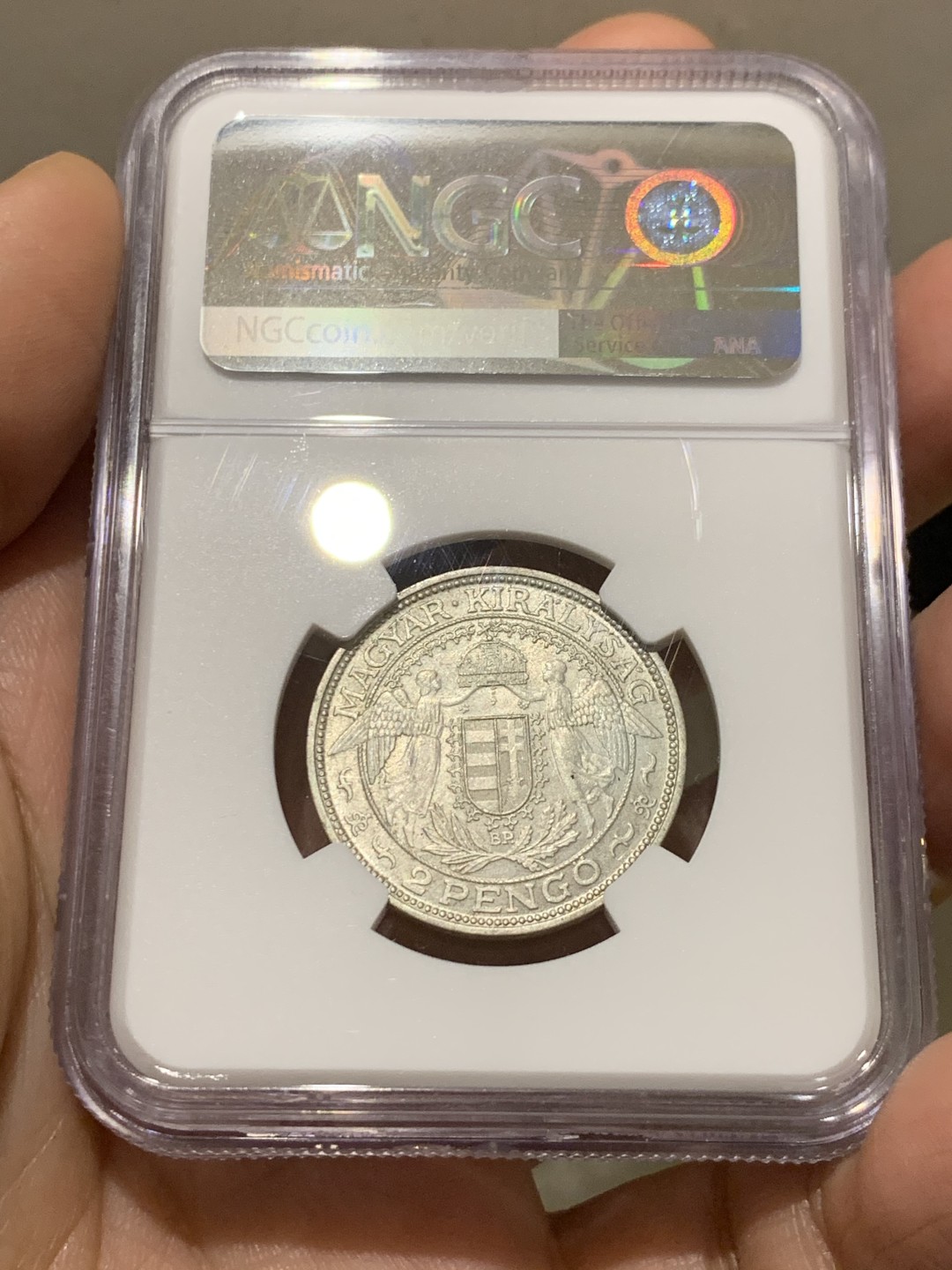 《竞宝斋》第149场-周日，周一，周四 3场 (全场包邮) NGC-MS64 匈牙利1938年 圣母抱婴2潘果 银币 顶级品相