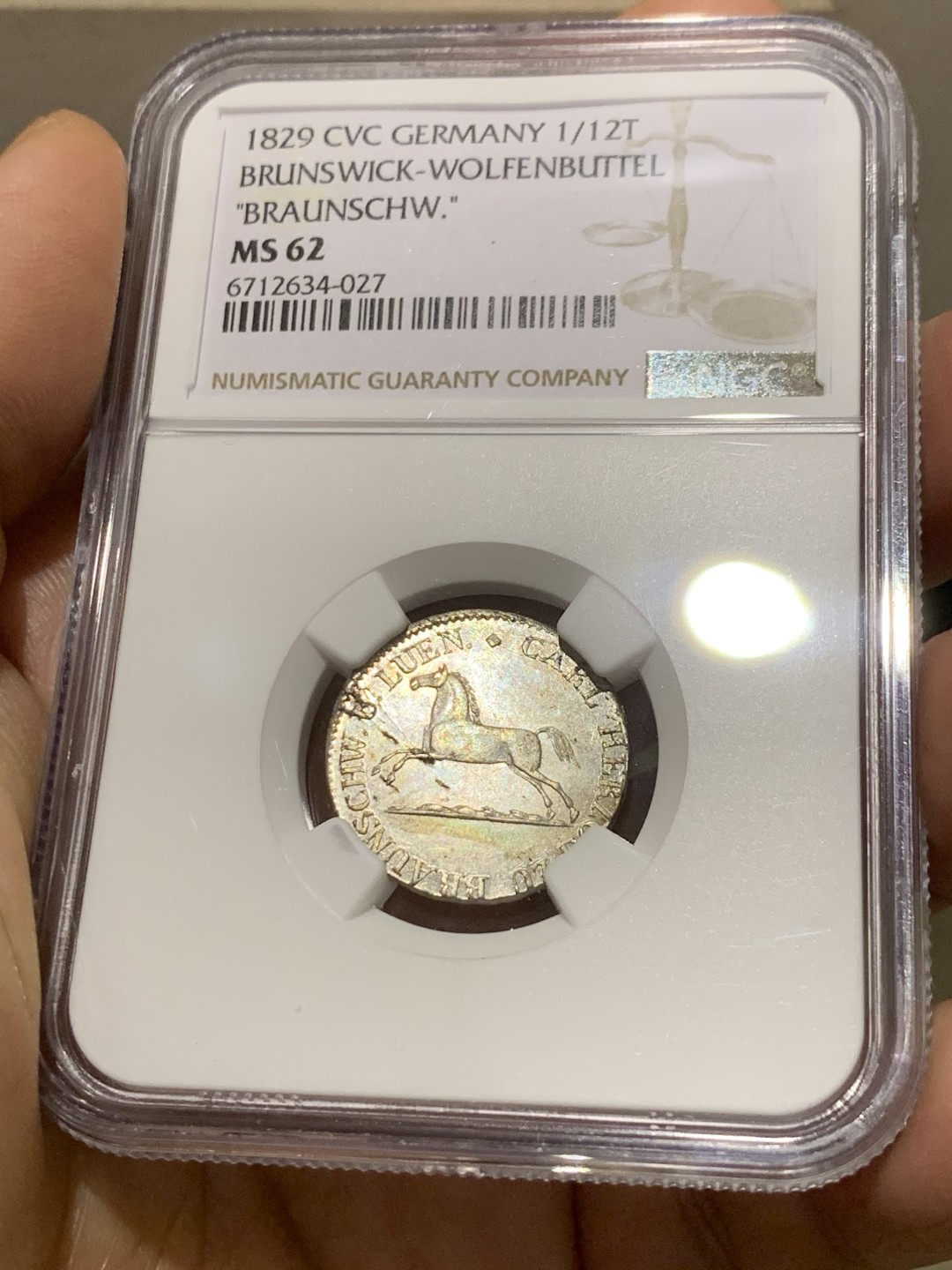 《竞宝斋》第149场-周日，周一，周四 3场 (全场包邮) NGC-MS62 德国布伦瑞克1829年奔马1/12泰勒银币