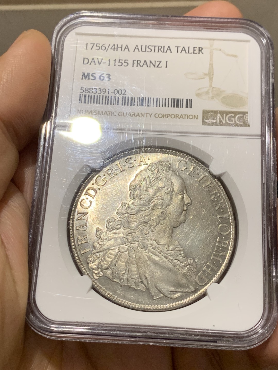 《竞宝斋》第149场-周日，周一，周四 3场 (全场包邮) NGC-MS63 1756/4年神圣罗马帝国弗朗茨一世泰勒 大奶妈的老公，这个皇帝头像的币非常少见，奥地利所有年份版别加起来只有12个MS，此枚是唯一评级记录