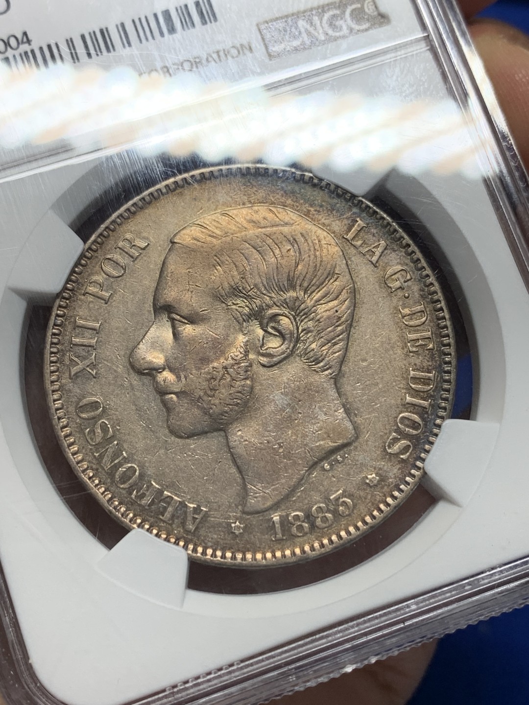 《竞宝斋》第149场-周日，周一，周四 3场 (全场包邮) NGC AUD 西班牙 1883年5比索银币阿方索十二世 玫瑰色包浆好品