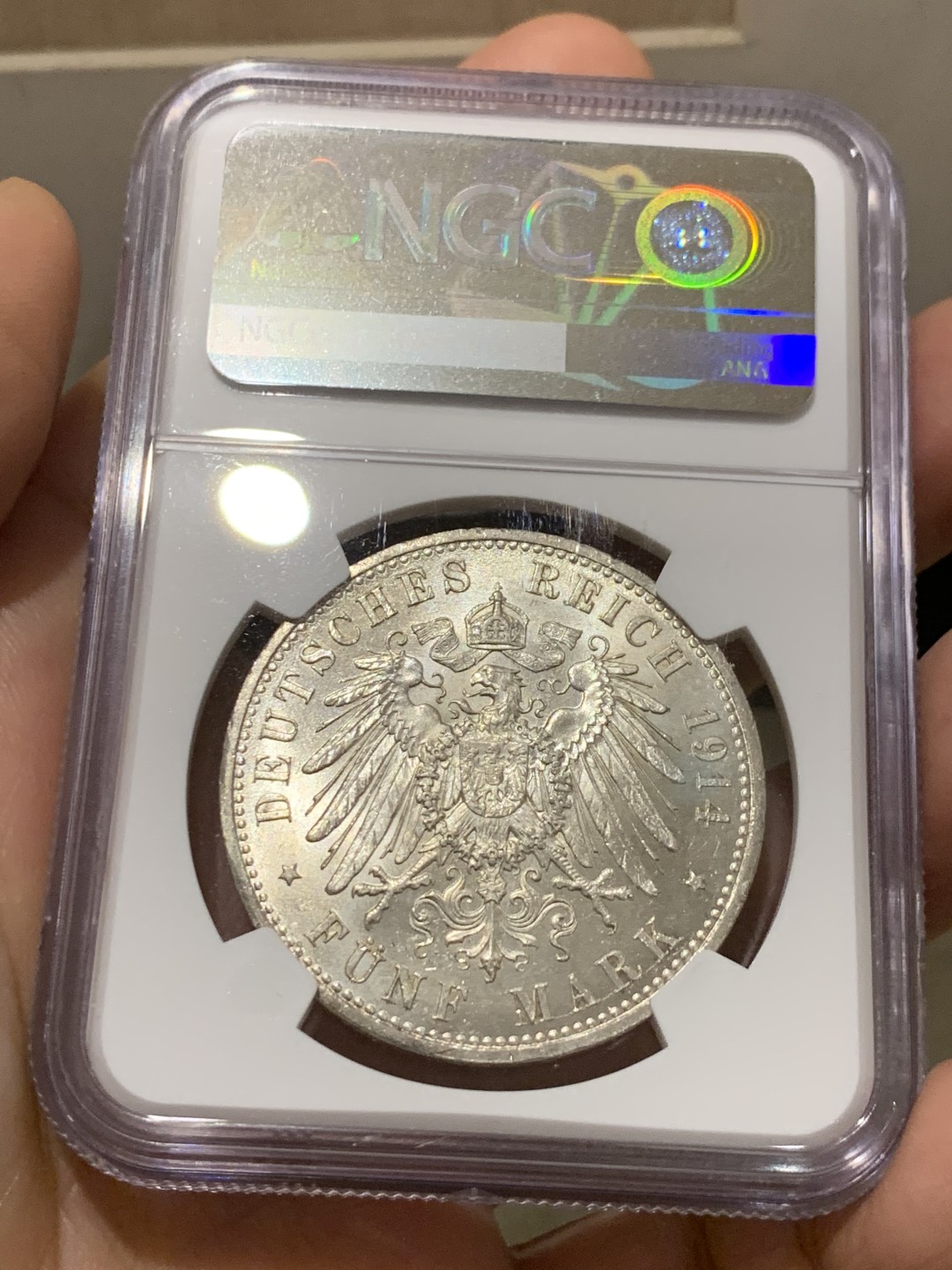 《竞宝斋》第149场-周日，周一，周四 3场 (全场包邮) NGC-MS62 德国 1914年 5马克 银币 普鲁士 威廉二世军装版银币 原光好品 温润舒服