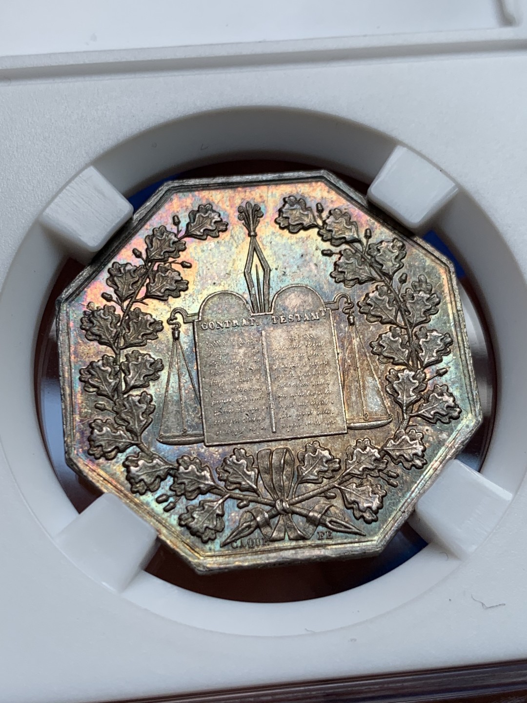 《竞宝斋》第149场-周日，周一，周四 3场 (全场包邮) 法国 1860-1879 八角银质代币 森利斯地区公证人，12.92g，31.5mm，蜜蜂边铭，原味五彩包浆