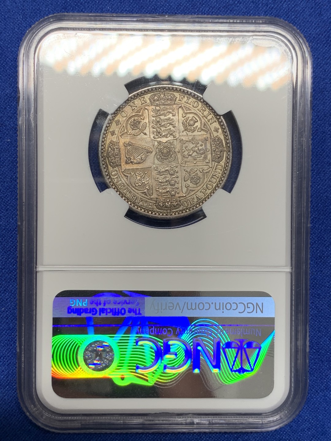 《竞宝斋》第149场-周日，周一，周四 3场 (全场包邮) NGC-MS65 英国1849年无神Florin银币，底光丝滑，背面盾徽内狮子脸部打制清晰