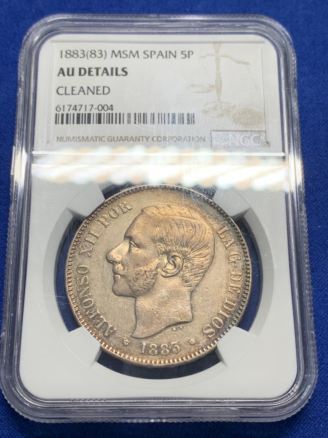 《竞宝斋》第149场-周日，周一，周四 3场 (全场包邮) NGC AUD 西班牙 1883年5比索银币阿方索十二世 玫瑰色包浆好品