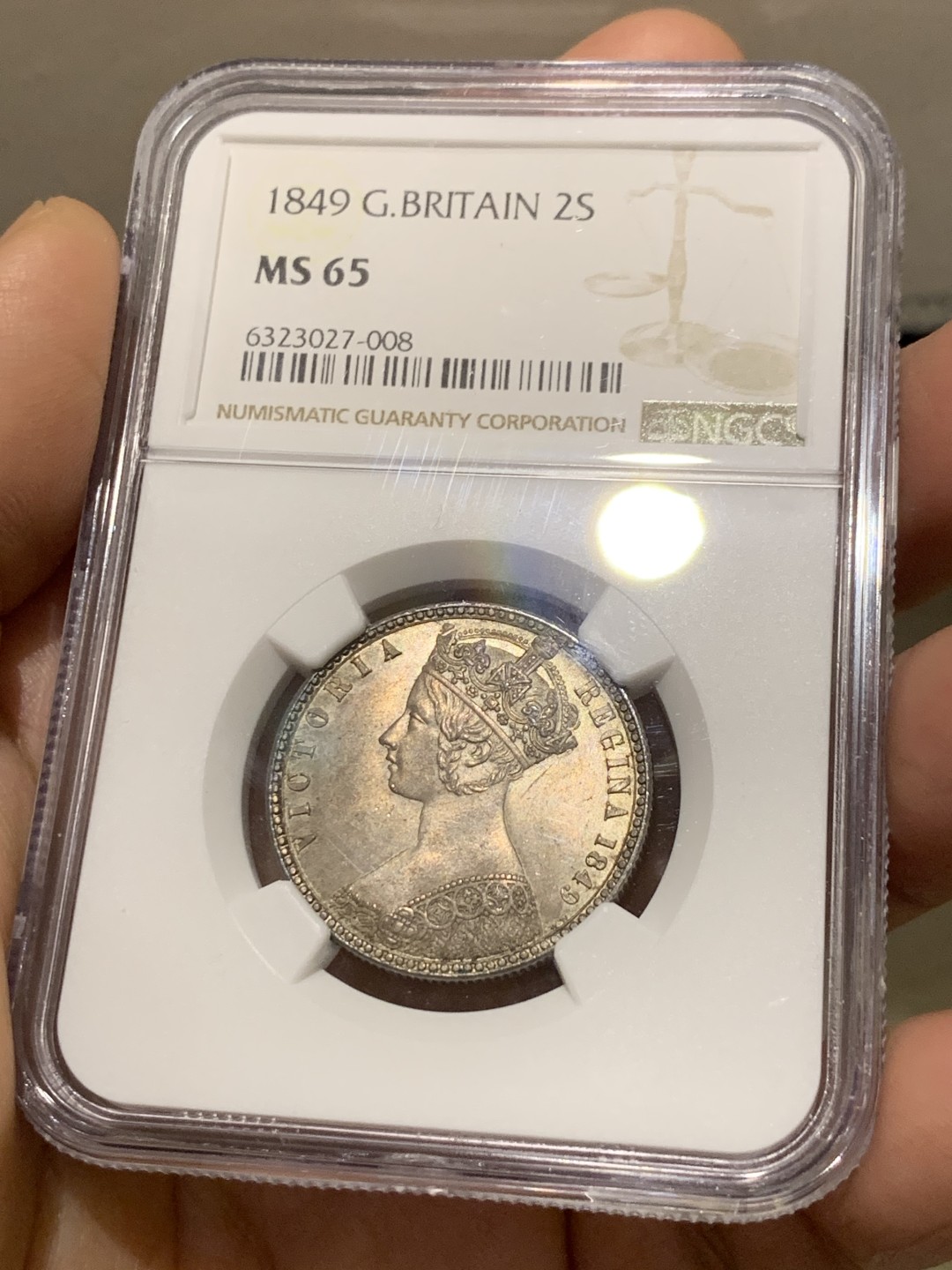 《竞宝斋》第149场-周日，周一，周四 3场 (全场包邮) NGC-MS65 英国1849年无神Florin银币，底光丝滑，背面盾徽内狮子脸部打制清晰