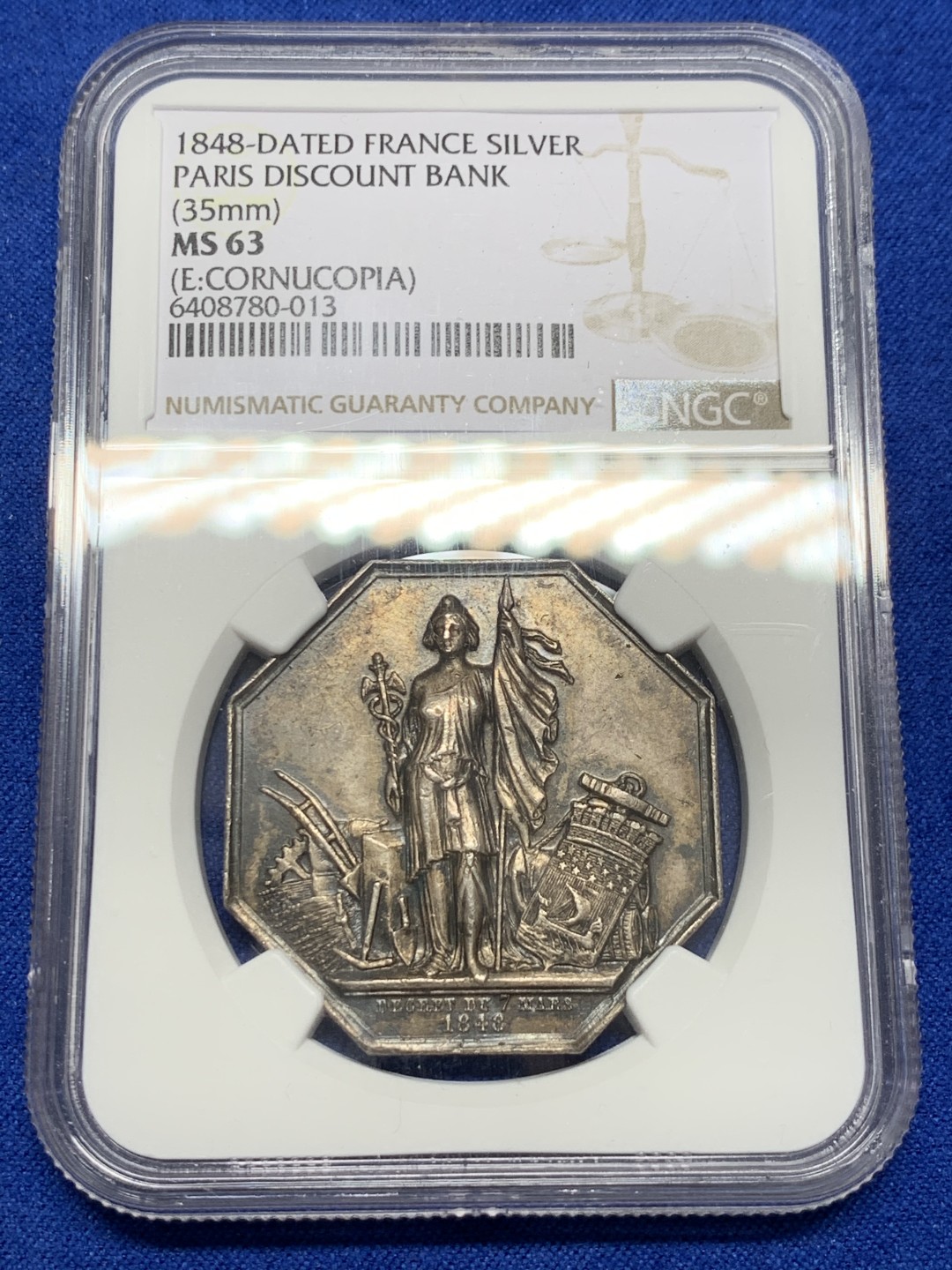 《竞宝斋》第149场-周日，周一，周四 3场 (全场包邮) NGC-MS63 法国1848年 站人八角JETON 银质 顶级包浆
