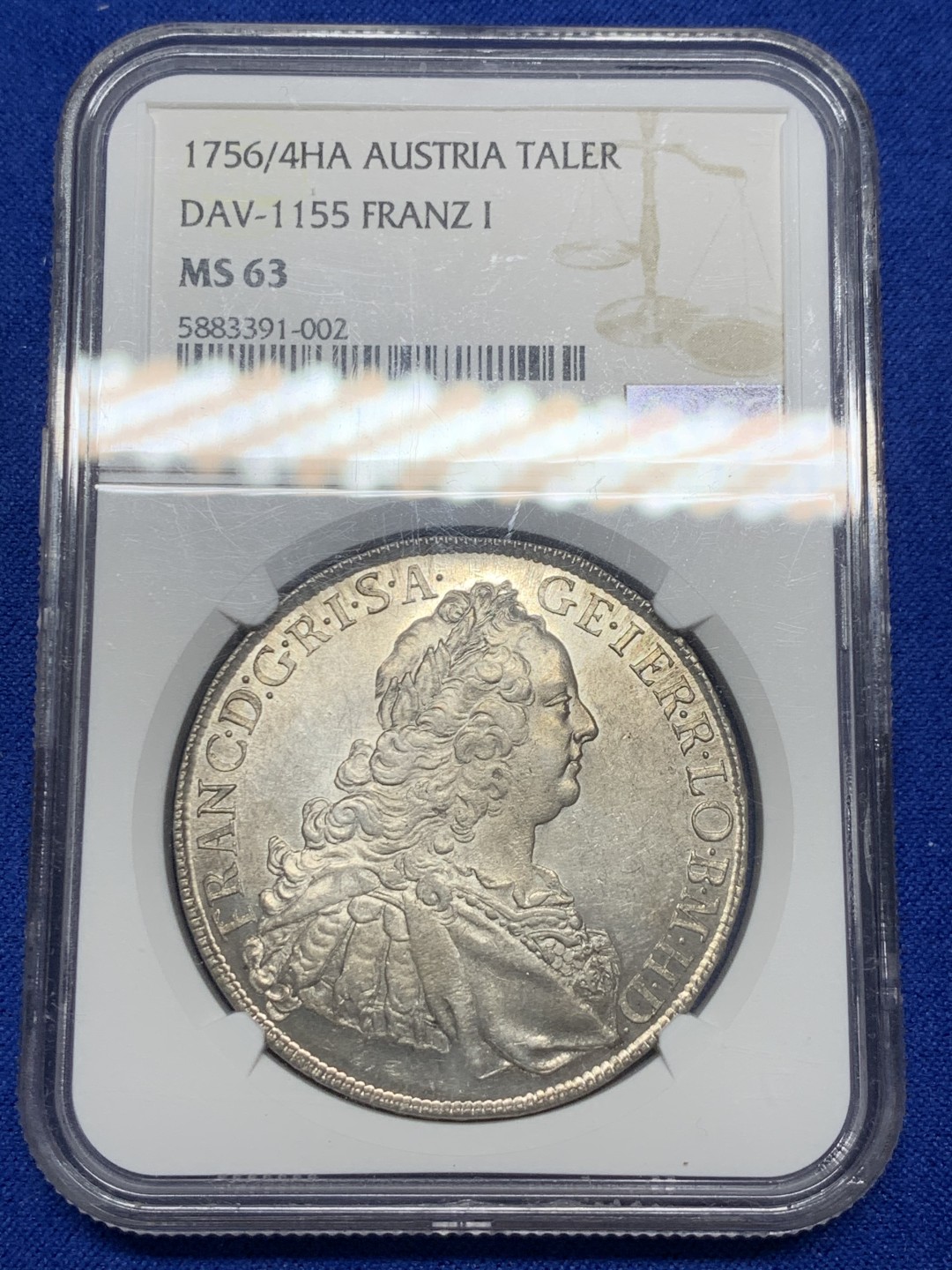 《竞宝斋》第149场-周日，周一，周四 3场 (全场包邮) NGC-MS63 1756/4年神圣罗马帝国弗朗茨一世泰勒 大奶妈的老公，这个皇帝头像的币非常少见，奥地利所有年份版别加起来只有12个MS，此枚是唯一评级记录
