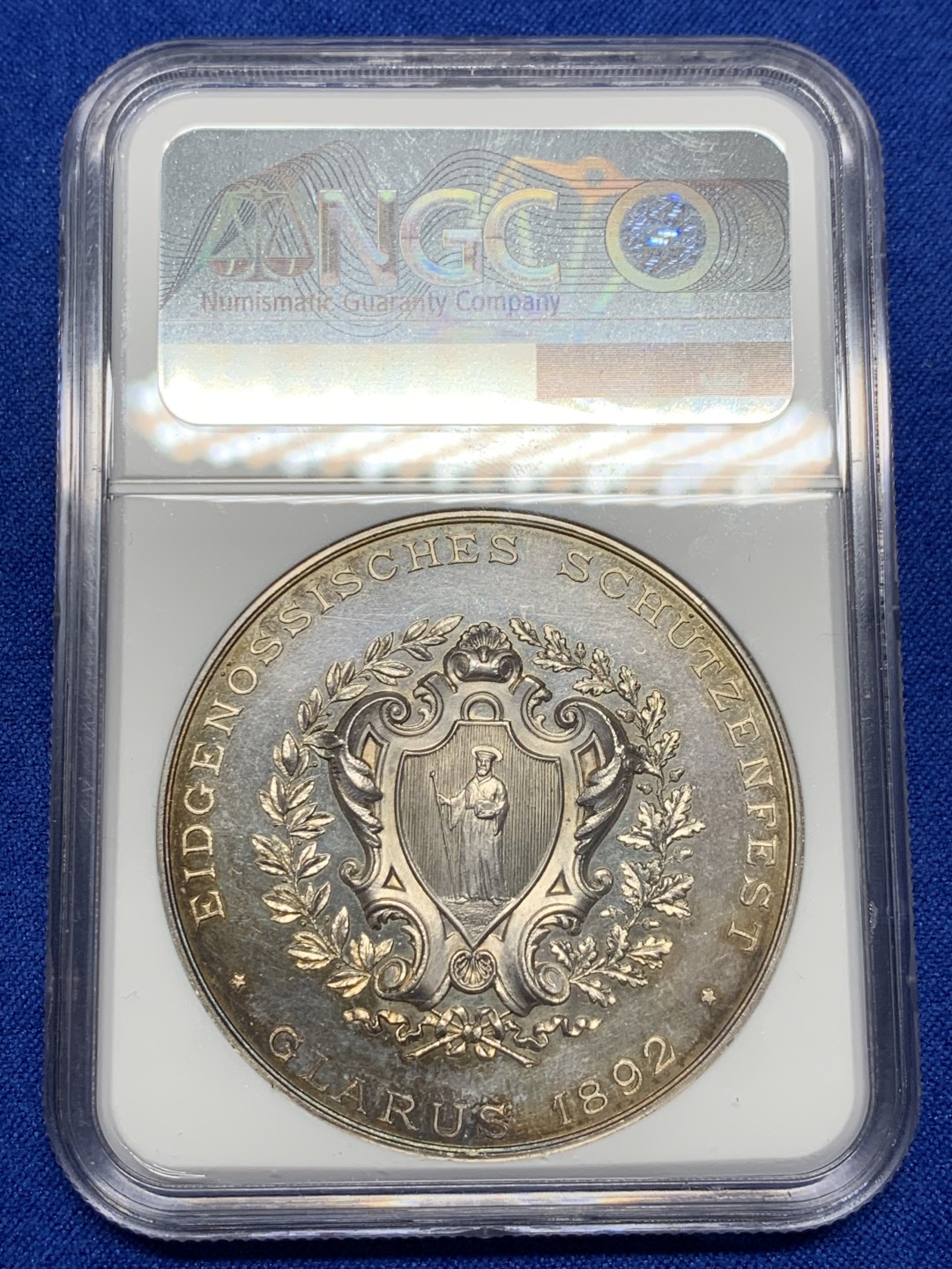 《竞宝斋》第149场-周日，周一，周四 3场 (全场包邮) NGC-UNC 瑞士1892年 格拉鲁斯 射击节银章 细节好 包浆漂亮