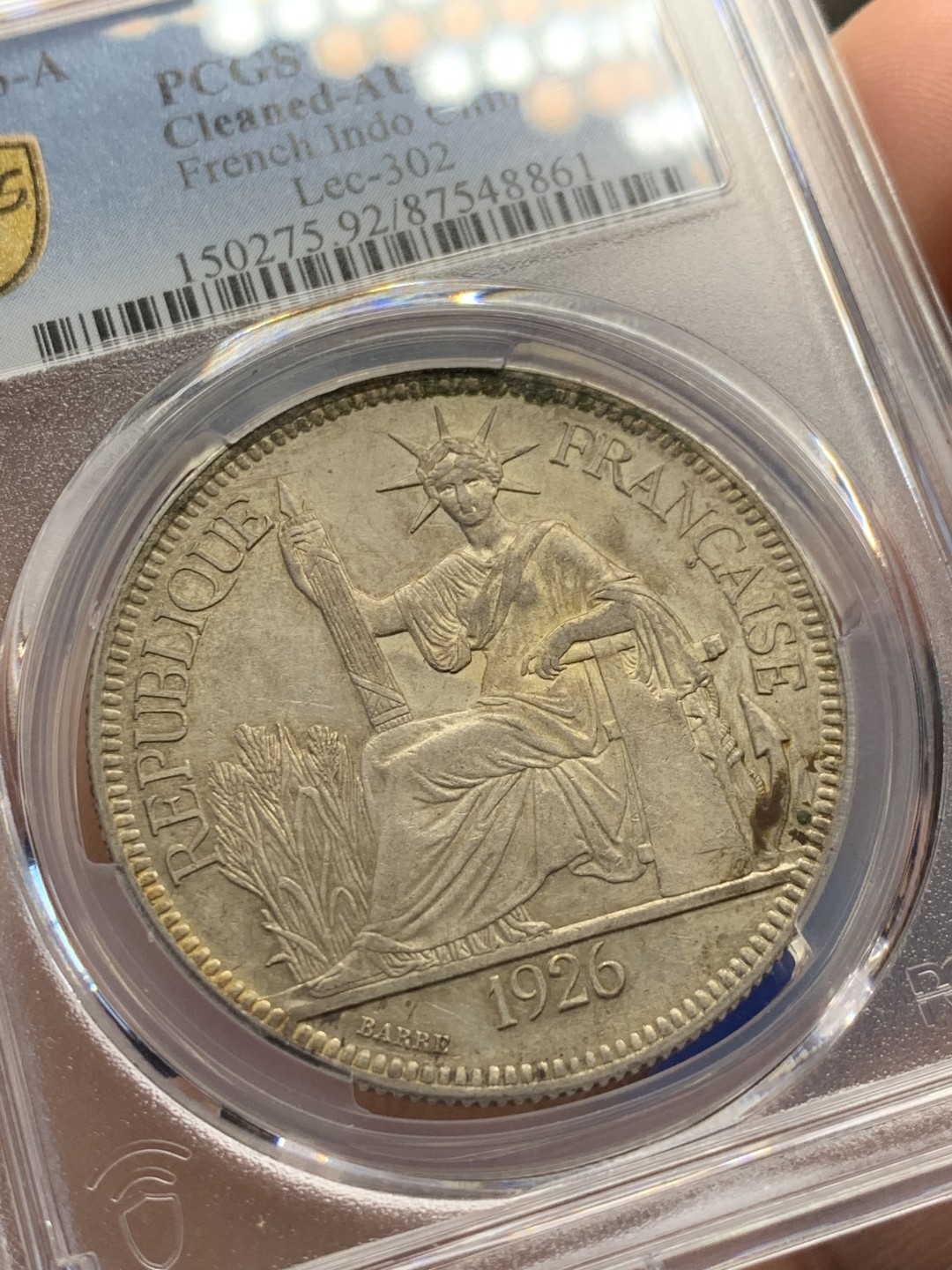 《竞宝斋》第149场-周日，周一，周四 3场 (全场包邮) PCGS AU 法属印支 1926年 坐人 1元银币 脸部清洗 地板好 低评了 也是不多见的年份