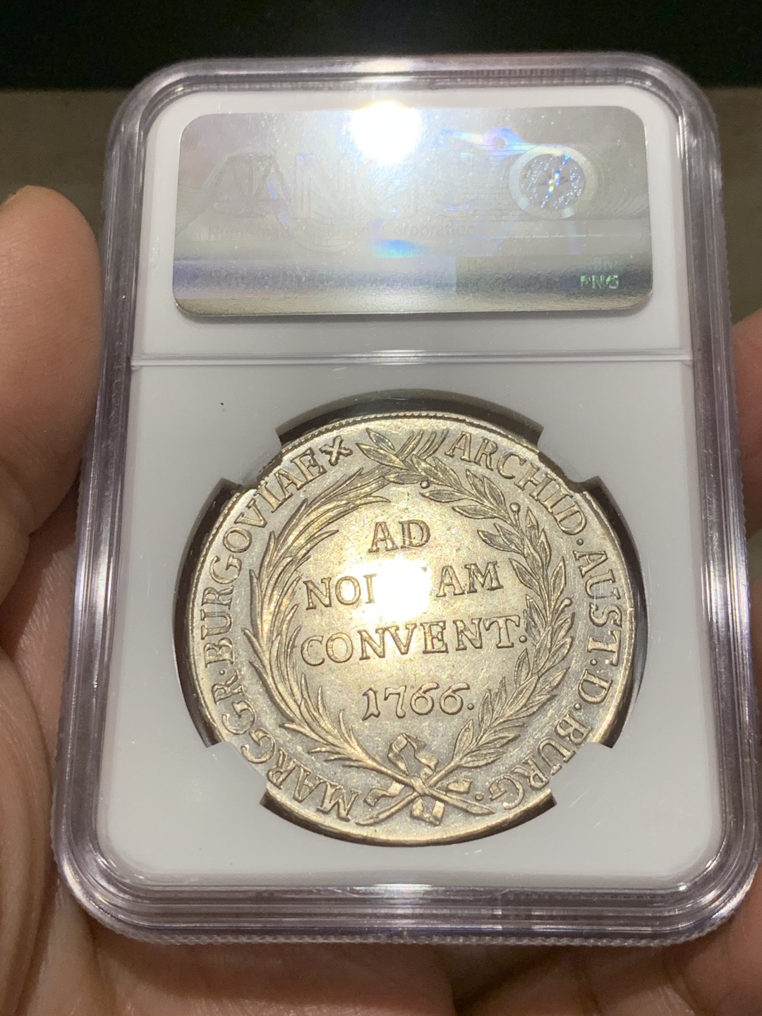 《竞宝斋》第149场-周日，周一，周四 3场 (全场包邮) NGC-MS63 奥地利 1766年 1泰勒 布尔高金茨堡铸币厂铸造，无头像版玛利亚特蕾莎贸易泰勒仅发行两个年份比带头像版少很多
