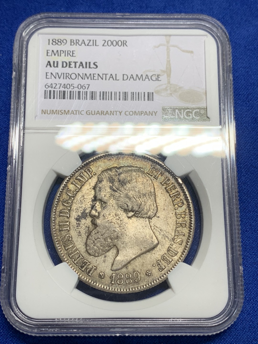 《竞宝斋》第149场-周日，周一，周四 3场 (全场包邮) NGC-AU 巴西1889年 佩德罗2000瑞斯大银币 原味好品 包浆太厚没给分