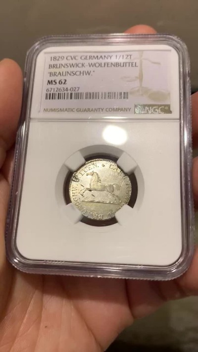 《竞宝斋》第149场-周日，周一，周四 3场 (全场包邮) NGC-MS62 德国布伦瑞克1829年奔马1/12泰勒银币