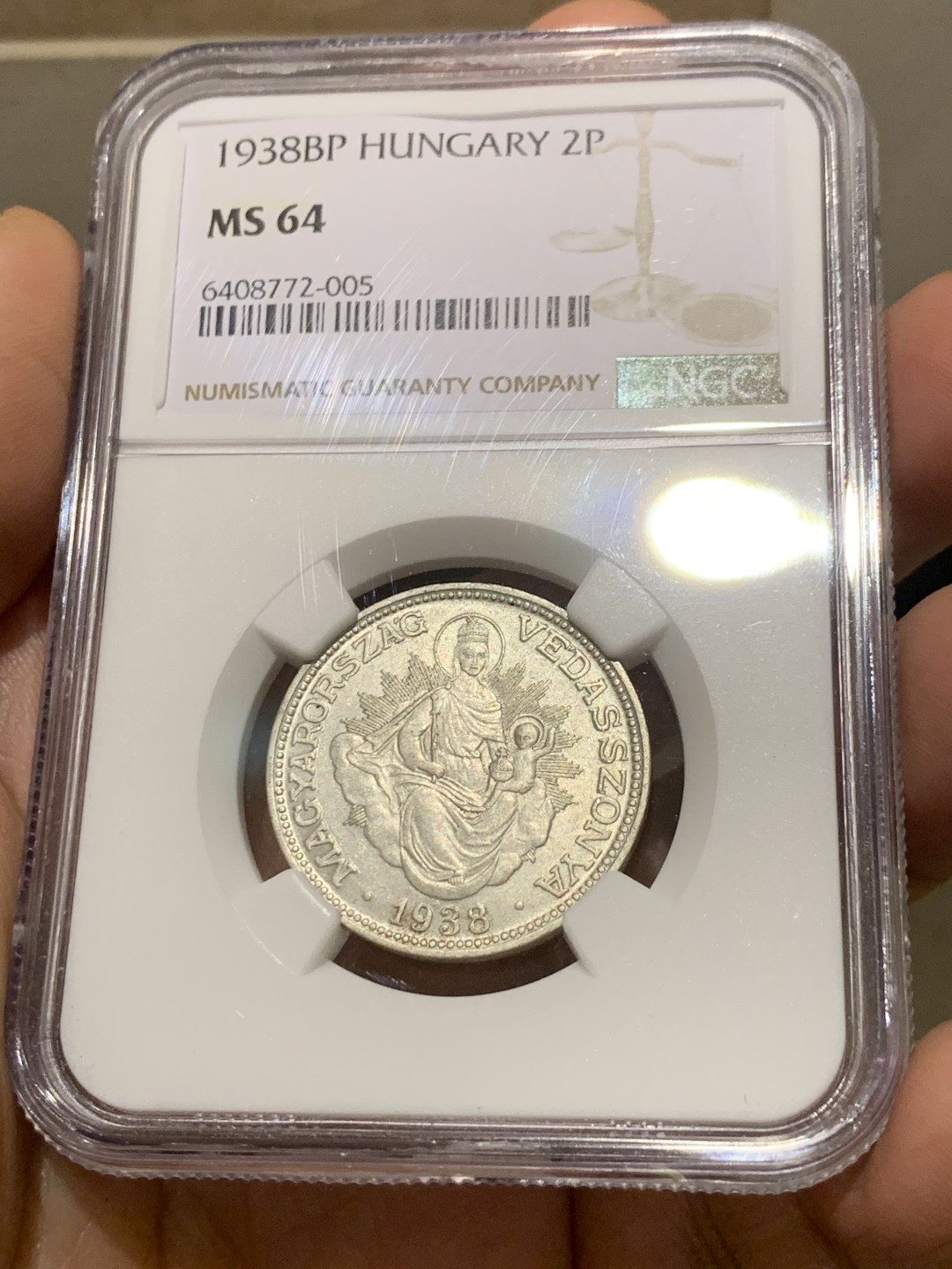 《竞宝斋》第149场-周日，周一，周四 3场 (全场包邮) NGC-MS64 匈牙利1938年 圣母抱婴2潘果 银币 顶级品相