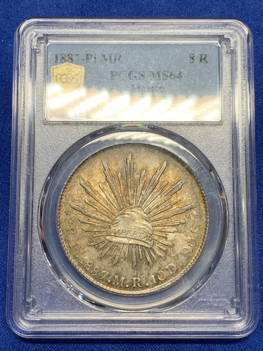 《竞宝斋》第149场-周日，周一，周四 3场 (全场包邮) PCGS-MS64 墨西哥 1887年 8雷亚尔 鹰洋银币 高分五彩包浆，光泽十分出色！