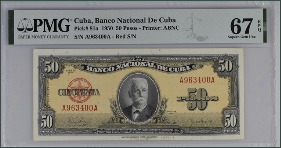 收藏联盟Quantum Auction 第247期拍卖 古巴1950年50比索 PMG66 首发冠