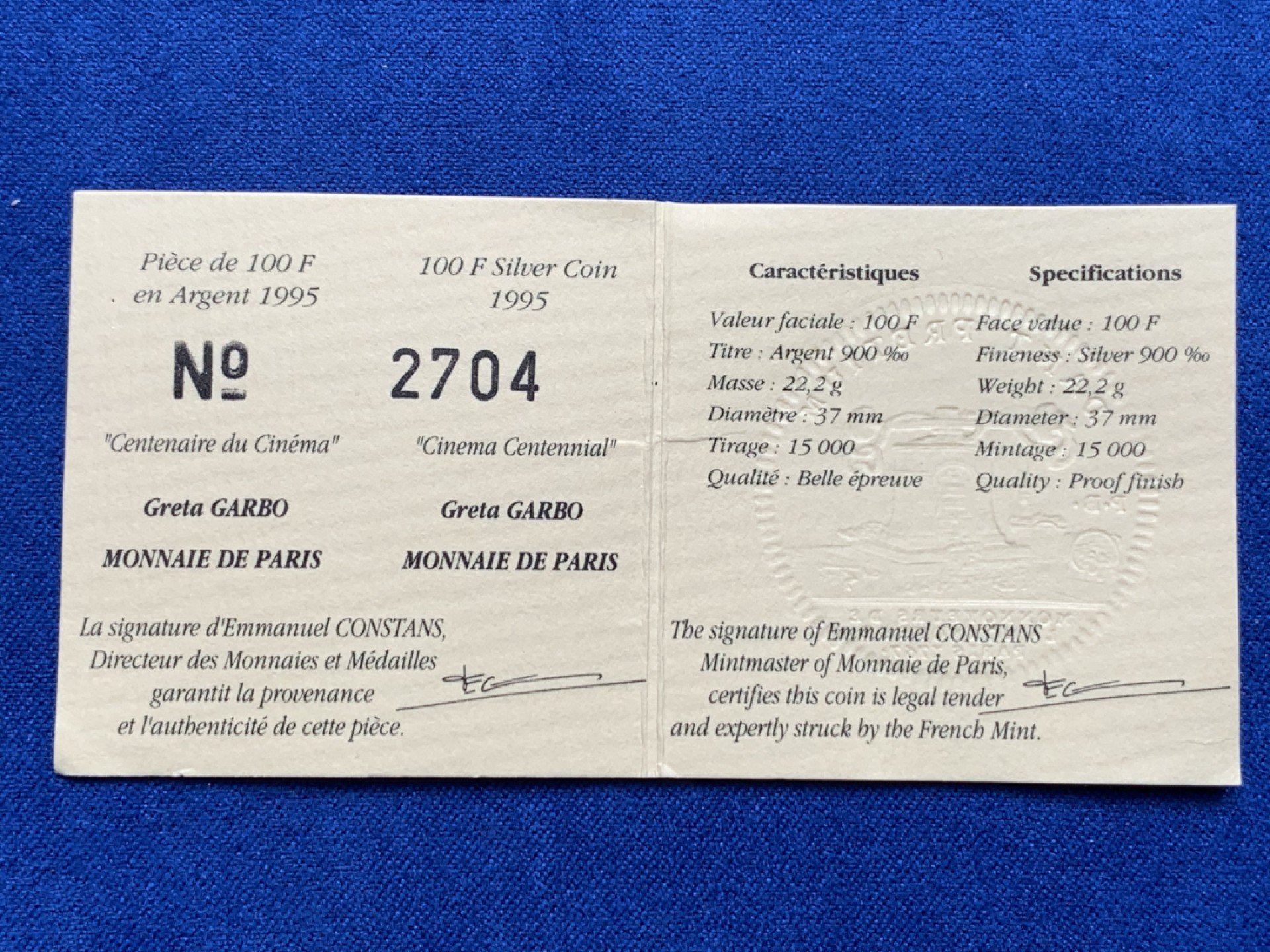 《竞宝斋》第149场-周日，周一，周四 3场 (全场包邮) 1995年法国纪念电影百年奥斯卡无冕女王瑞典神秘女影星  葛丽泰嘉宝 银币盒证齐