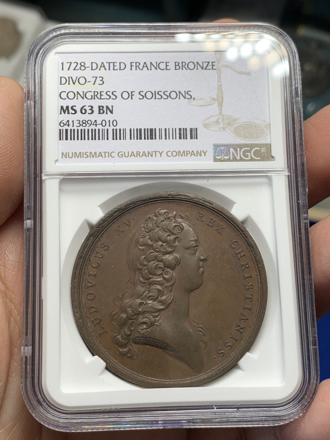 《竞宝斋》第149场-周日，周一，周四 3场 (全场包邮) NGC-MS63 法国1728年路易十五 天使图 大铜章 罕见品种
