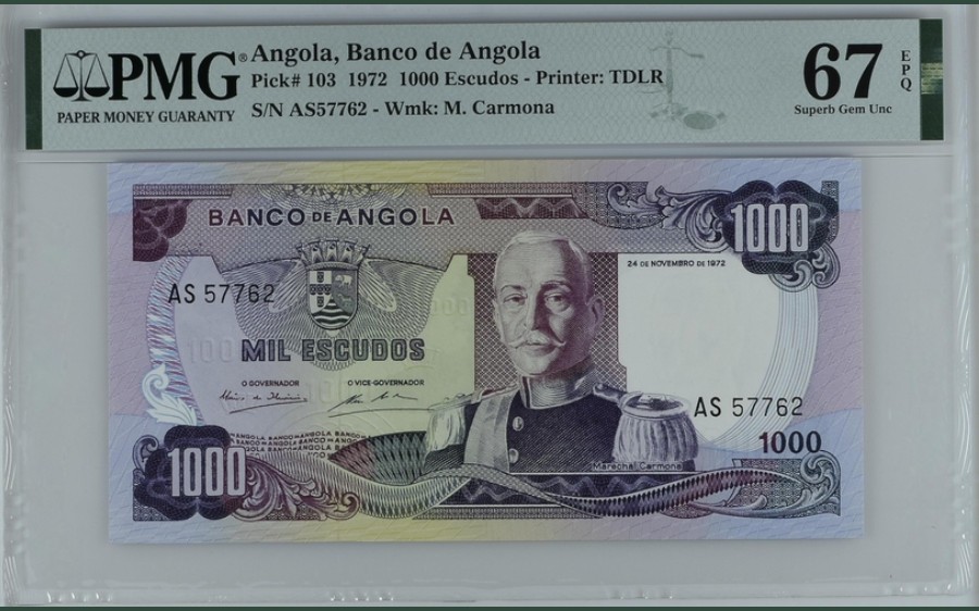 收藏联盟Quantum Auction 第247期拍卖 安哥拉1972年1000埃斯库多 PMG67 冠军分