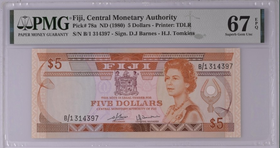 收藏联盟Quantum Auction 第247期拍卖 斐济1980年5元 PMG67 初版年份