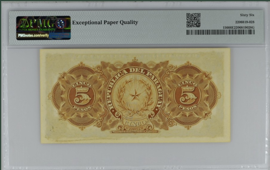 收藏联盟Quantum Auction 第247期拍卖 巴拉圭1907年5比索 PMG66 华德路代印 A冠首发 可兑换1/2比索银币