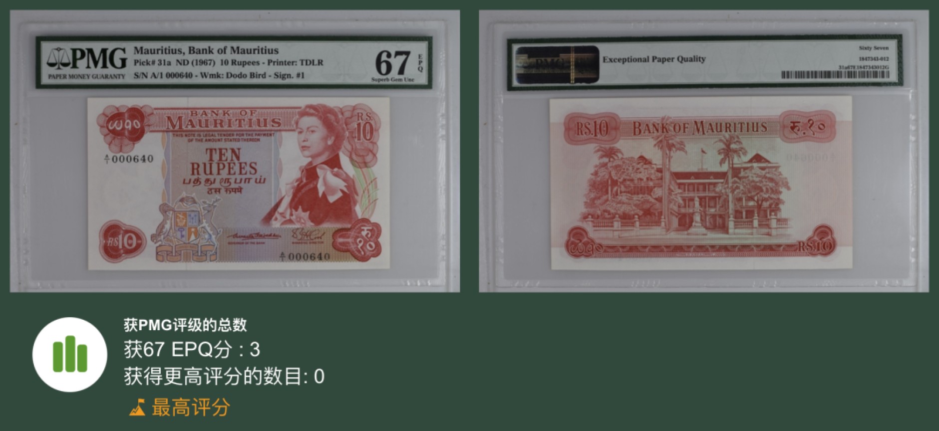 收藏联盟Quantum Auction 第247期拍卖 毛里求斯1967年10卢比 PMG67 总督府 首发A/1冠百位号 冠军分 稀少初版