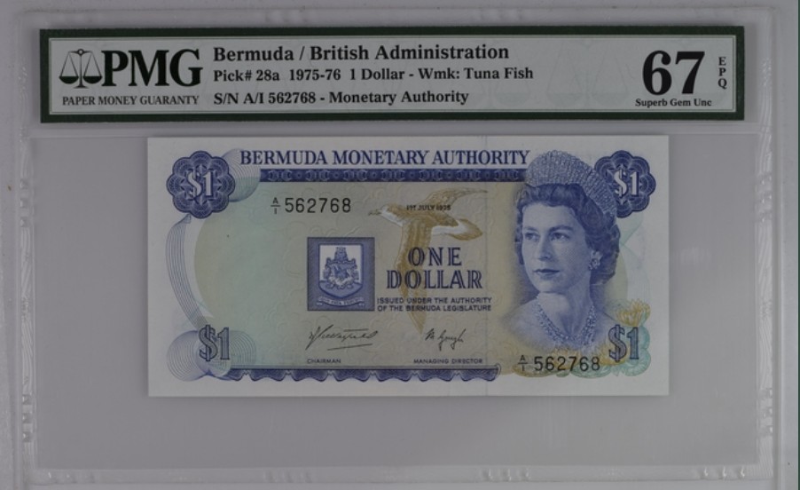 收藏联盟Quantum Auction 第247期拍卖 百慕大1975-76年1元 PMG67 冠军分 初版首发A/1冠
