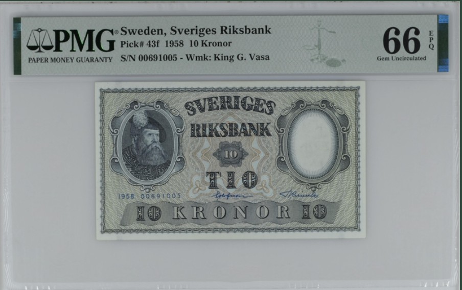 收藏联盟Quantum Auction 第247期拍卖 瑞典1958年10克朗 PMG66