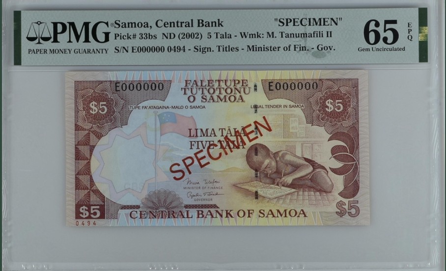 收藏联盟Quantum Auction 第247期拍卖 萨摩亚2002年5塔勒样票 PMG65