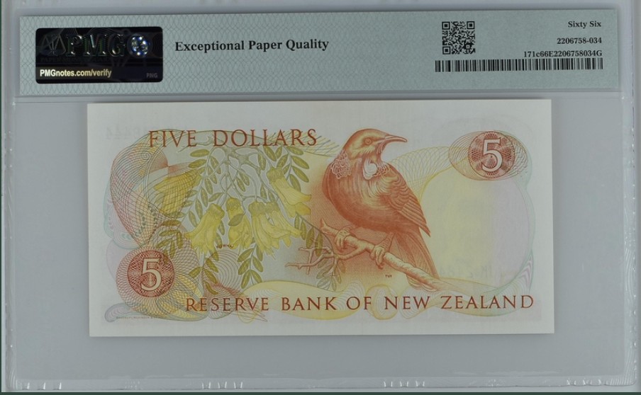 收藏联盟Quantum Auction 第247期拍卖 新西兰1989-92年5元 PMG66 豹子号